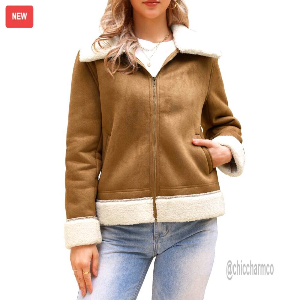 Faux Suede Moto Jacket Faux Fur Lined Warm Fleece Winter Outerwear Chic